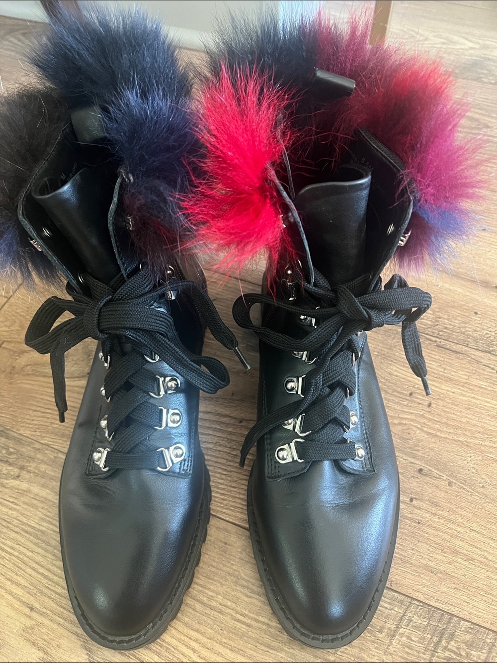 Rebecca Minkoff Black Leather Lace-Up Boots with Red & Blue Fur Trim